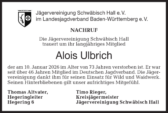 Traueranzeige von Alois Ulbrich von Haller Tagblatt