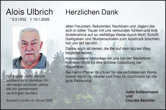 Traueranzeige von Alois Ulbrich von Rundschau Gaildorf
