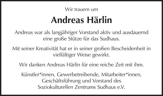 Traueranzeige von Andreas Härlin von Schwäbische Tagblatt