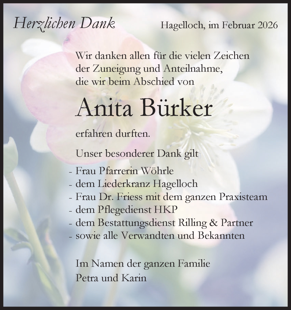 Traueranzeige für Anita Bürker vom 13.02.2026 aus Schwäbische Tagblatt