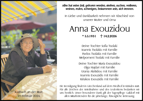 Traueranzeige von Anna Exouzidou von Rundschau Gaildorf/Rundschau Gaildorf
