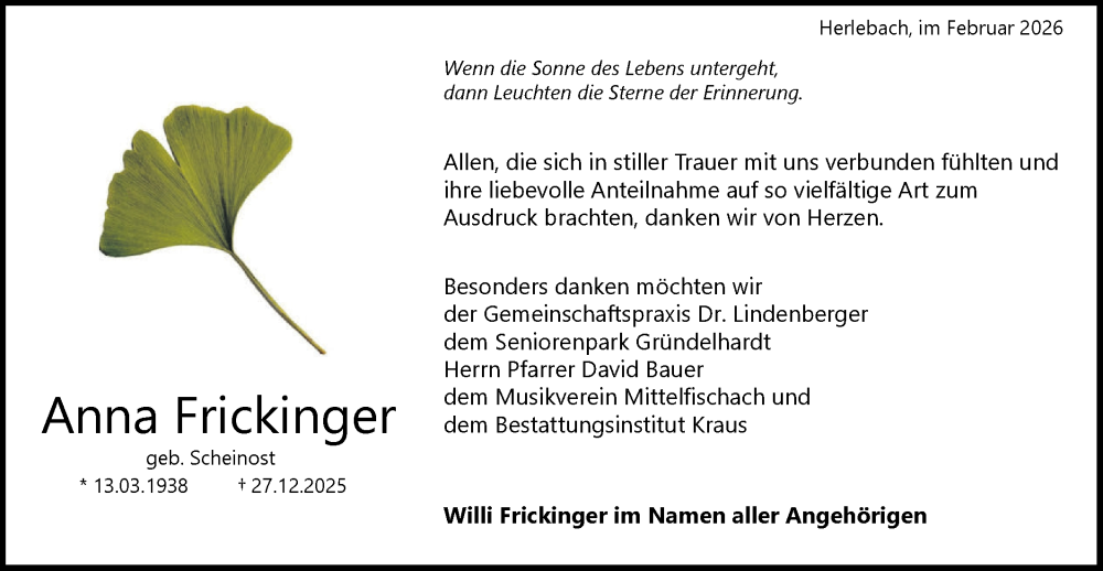  Traueranzeige für Anna Frickinger vom 13.02.2026 aus Haller Tagblatt