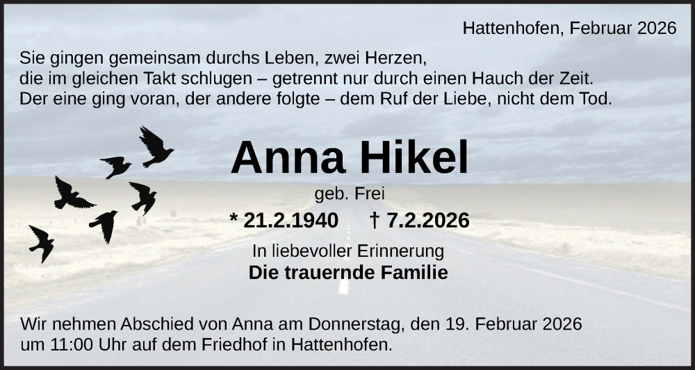  Traueranzeige für Anna Hikel vom 14.02.2026 aus NWZ Neue Württembergische Zeitung