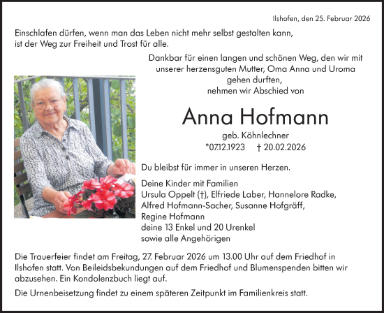 Traueranzeige von Anna Hofmann von Haller Tagblatt