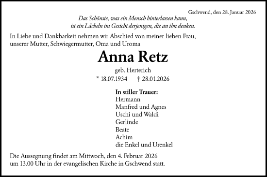 Traueranzeige von Anna Retz von Rundschau Gaildorf