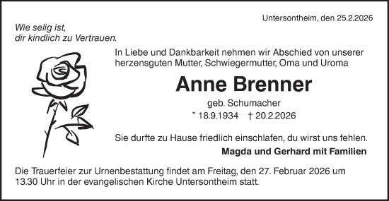 Traueranzeige von Anne Brenner von Haller Tagblatt/Hohenloher Tagblatt