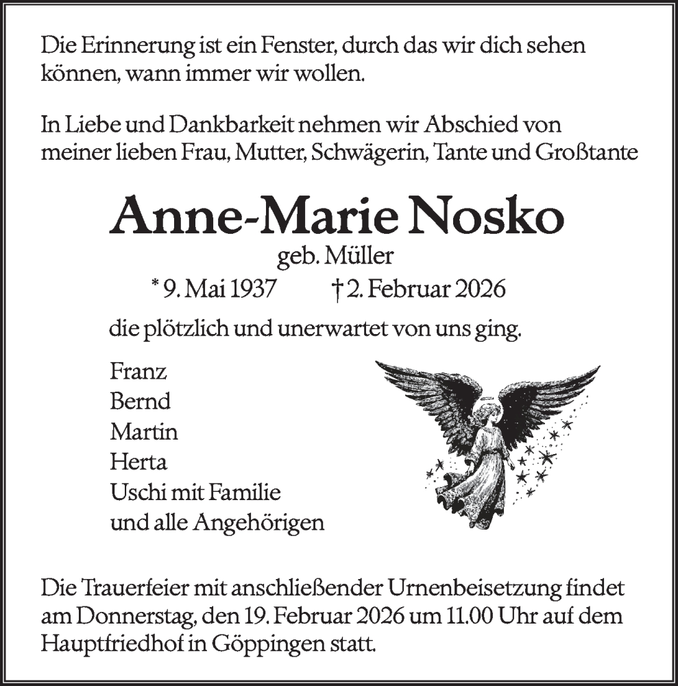  Traueranzeige für Anne-Marie Nosko vom 14.02.2026 aus NWZ Neue Württembergische Zeitung