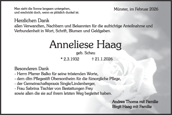 Traueranzeige von Anneliese Haag von Rundschau Gaildorf/Haller Tagblatt