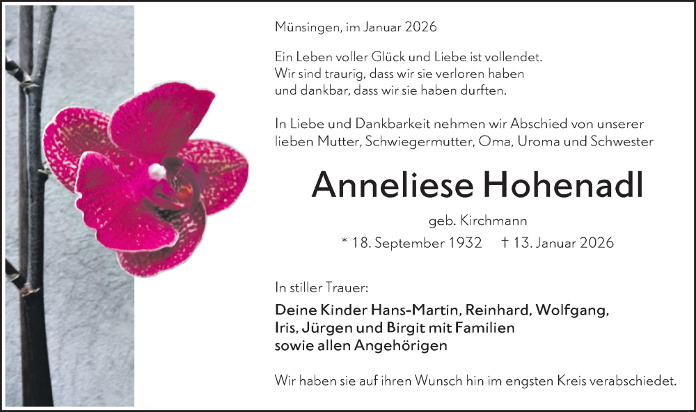  Traueranzeige für Anneliese Hohenadl vom 06.02.2026 aus Alb-Bote/Metzinger-Uracher Volksblatt