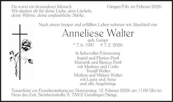 Traueranzeige von Anneliese Walter von Geislinger Zeitung