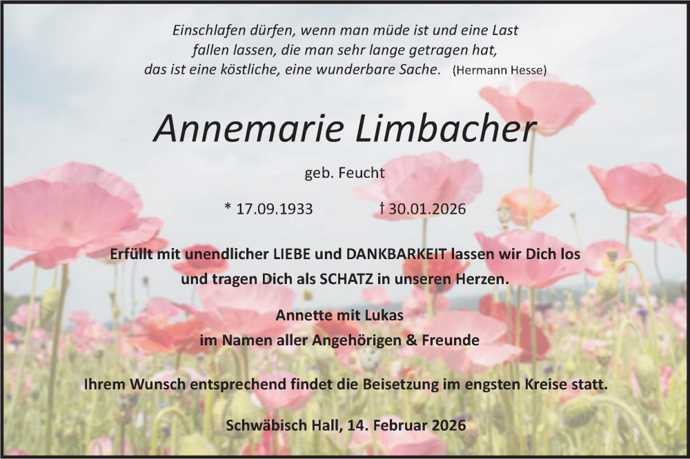 Traueranzeige für Annemarie Limbacher vom 14.02.2026 aus Haller Tagblatt