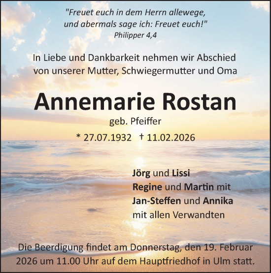 Traueranzeige von Annemarie Rostan von SÜDWEST PRESSE Ausgabe Ulm/Neu-Ulm/Ehingen