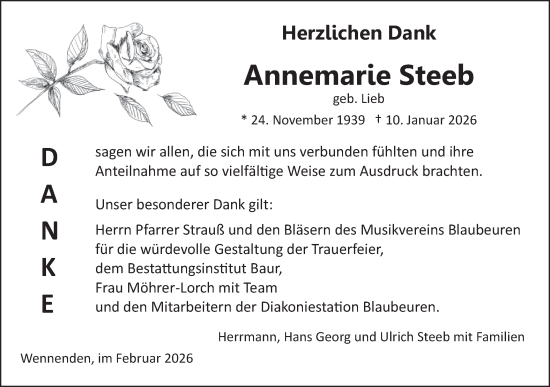 Traueranzeige von Annemarie Steeb von Das Blaumännle