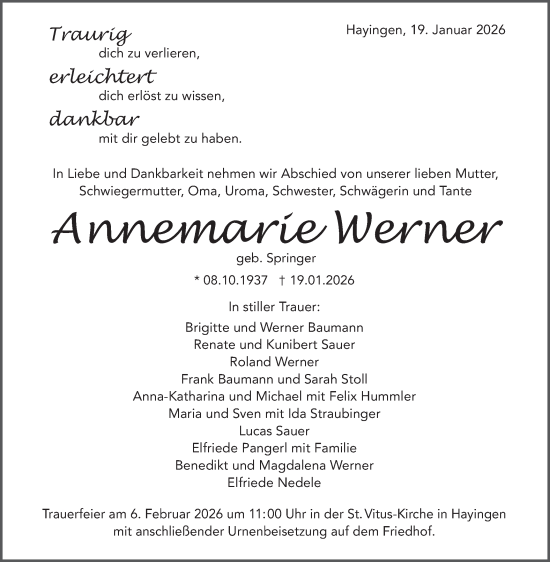 Traueranzeige von Annemarie Werner von Alb-Bote/Metzinger-Uracher Volksblatt