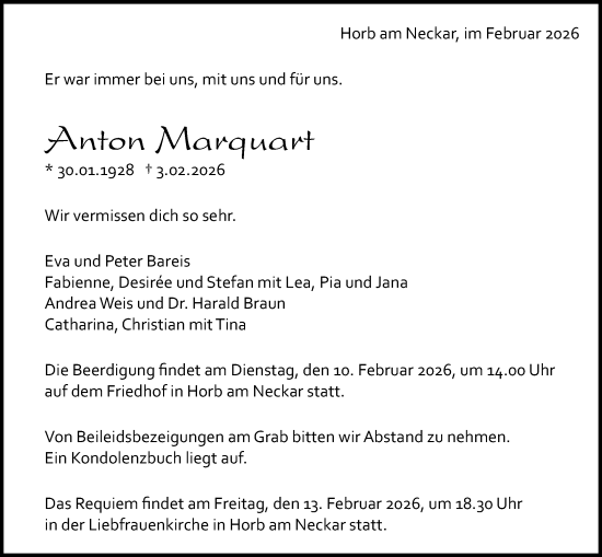 Traueranzeige von Anton Marquart von Neckar-Chronik