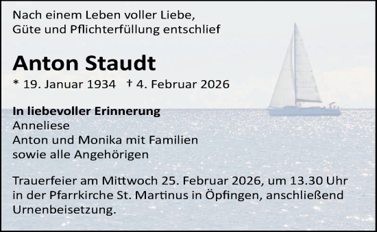 Traueranzeige von Anton Staudt von SÜDWEST PRESSE Ausgabe Ulm/Neu-Ulm/Ehingen