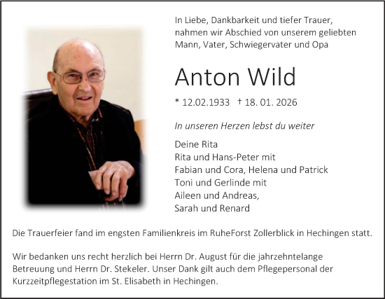 Traueranzeige von Anton Wild von SÜDWEST PRESSE Zollernalbkreis