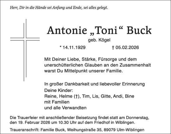 Traueranzeige von Antonie Buck von SÜDWEST PRESSE Ausgabe Ulm/Neu-Ulm/Ehingen