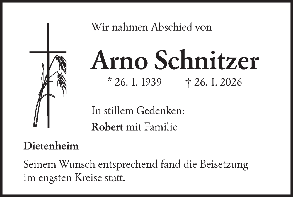  Traueranzeige für Arno Schnitzer vom 11.02.2026 aus SÜDWEST PRESSE Ausgabe Ulm/Neu-Ulm/Ehingen