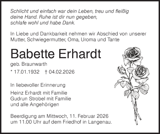 Traueranzeige von Babette Erhardt von SÜDWEST PRESSE Ausgabe Ulm/Neu-Ulm/Ehingen