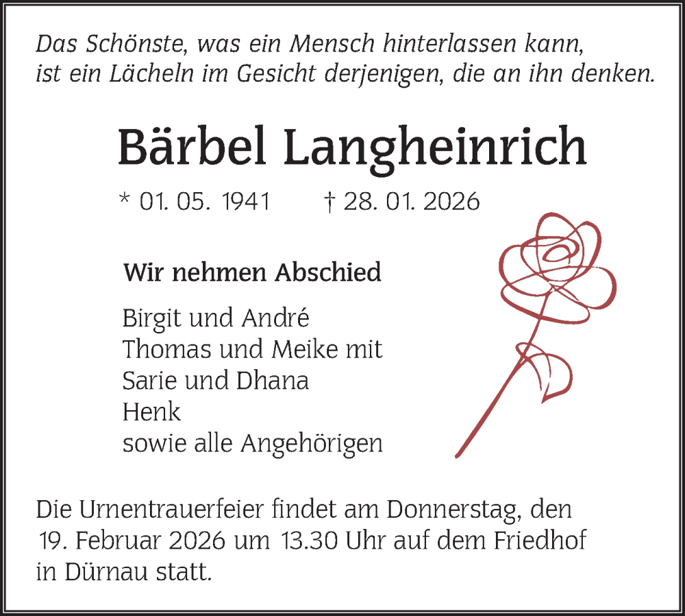  Traueranzeige für Bärbel Langheinrich vom 07.02.2026 aus NWZ Neue Württembergische Zeitung