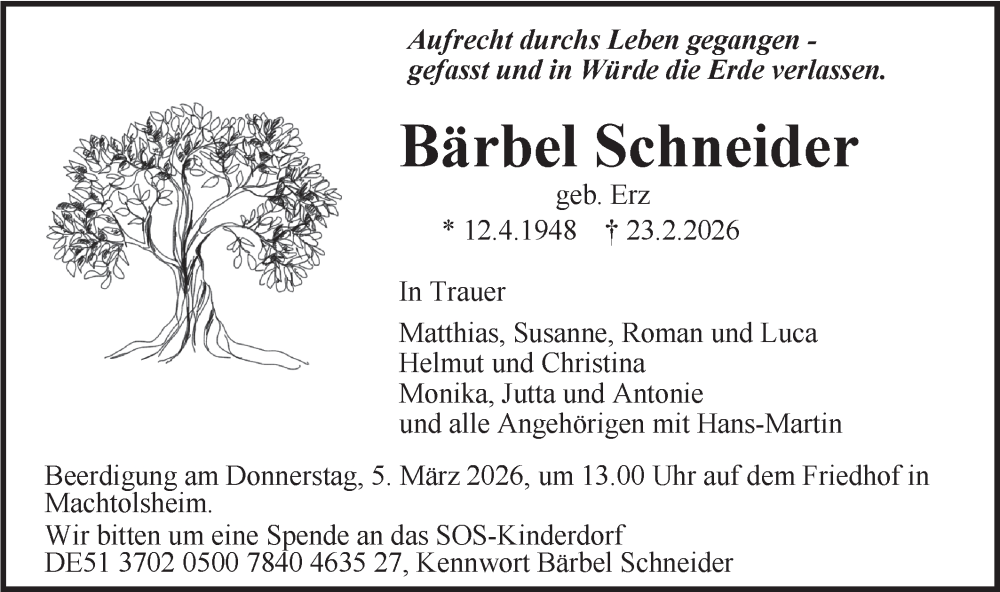  Traueranzeige für Bärbel Schneider vom 28.02.2026 aus SÜDWEST PRESSE Ausgabe Ulm/Neu-Ulm/Ehingen
