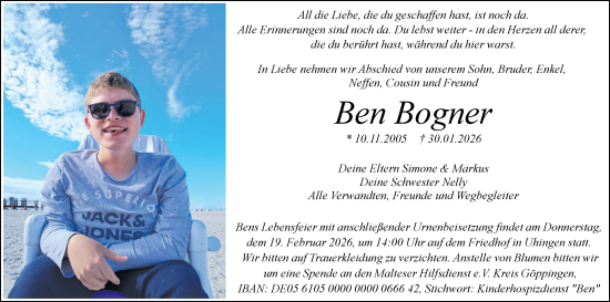Traueranzeige von Ben Bogner von NWZ Neue Württembergische Zeitung