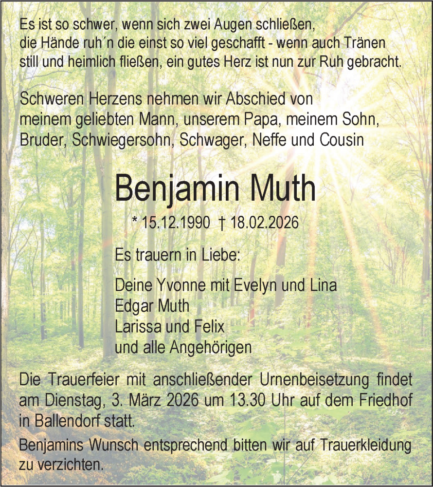  Traueranzeige für Benjamin Muth vom 28.02.2026 aus SÜDWEST PRESSE Ausgabe Ulm/Neu-Ulm/Ehingen