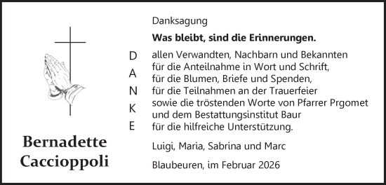 Traueranzeige von Bernadette Caccioppoli von Das Blaumännle