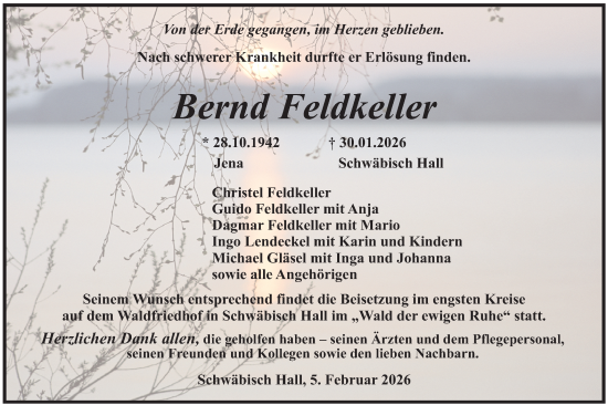 Traueranzeige von Bernd Feldkeller von Haller Tagblatt