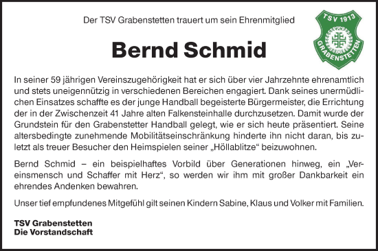 Traueranzeige von Bernd Schmid von Alb-Bote/Metzinger-Uracher Volksblatt