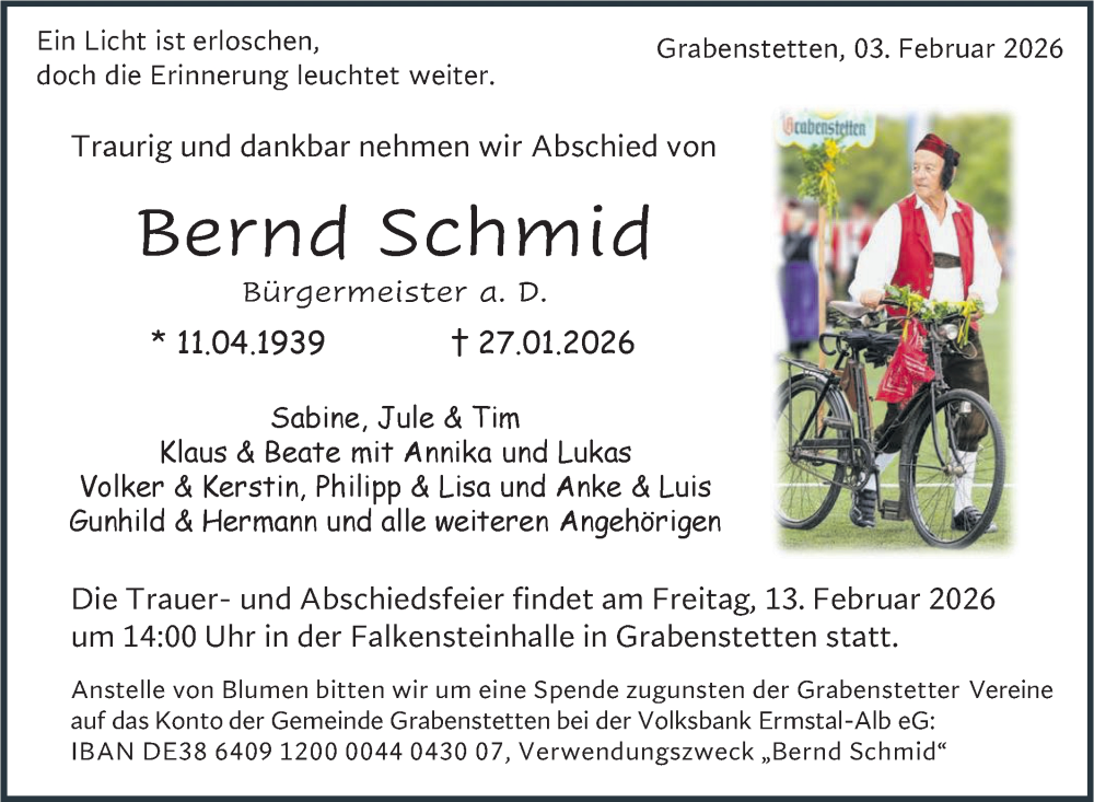  Traueranzeige für Bernd Schmid vom 03.02.2026 aus Alb-Bote/Metzinger-Uracher Volksblatt