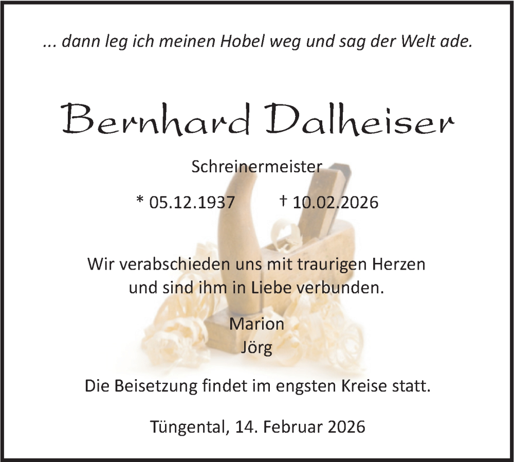  Traueranzeige für Bernhard Dalheiser vom 14.02.2026 aus Haller Tagblatt