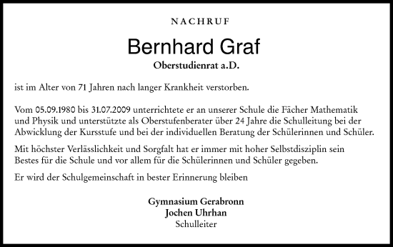 Traueranzeige von Bernhard Graf von Hohenloher Tagblatt