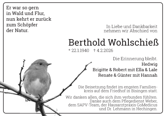 Traueranzeige von Berthold Wohlschieß von SÜDWEST PRESSE Zollernalbkreis
