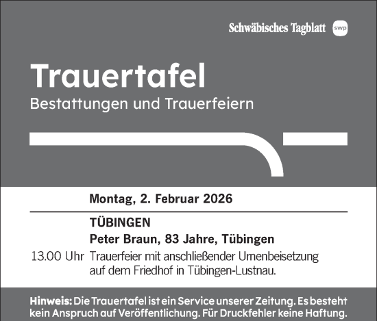 Traueranzeige von Bestattungen vom 02.02.2026 von Schwäbische Tagblatt