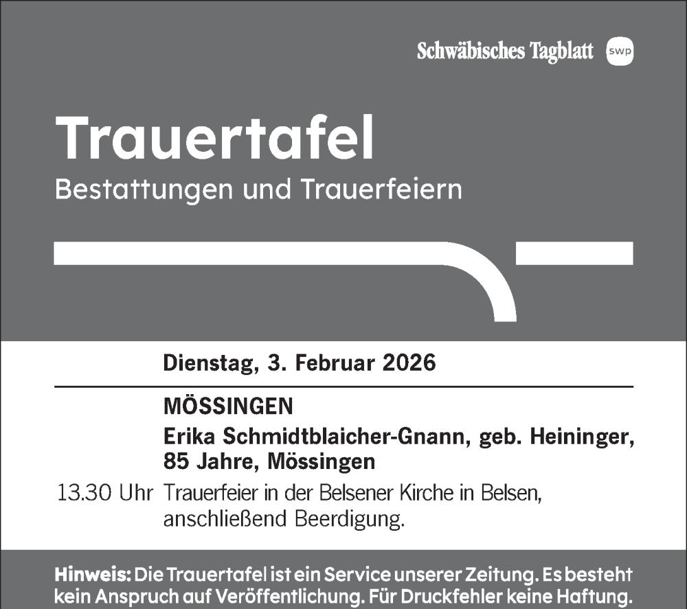  Traueranzeige für Bestattungen vom 03.02.2026 vom 03.02.2026 aus Schwäbische Tagblatt