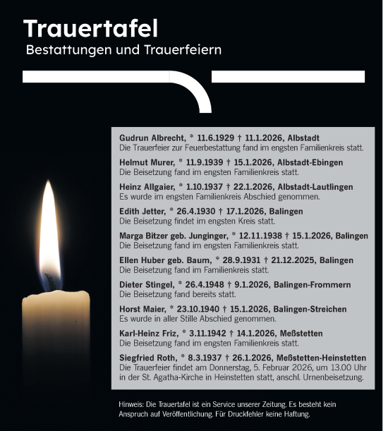 Traueranzeige von Bestattungen vom 03.02.2026 von SÜDWEST PRESSE Zollernalbkreis