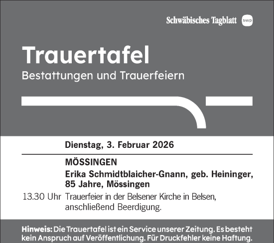Traueranzeige von Bestattungen vom 03.02.2026 von Schwäbische Tagblatt