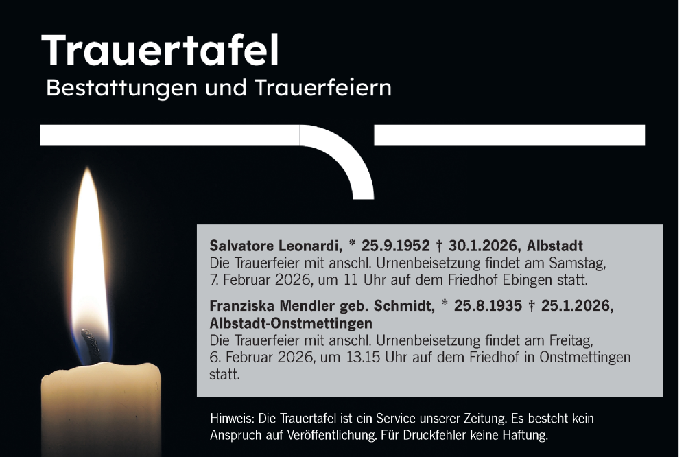  Traueranzeige für Bestattungen vom 05.02.2026 vom 05.02.2026 aus SÜDWEST PRESSE Zollernalbkreis
