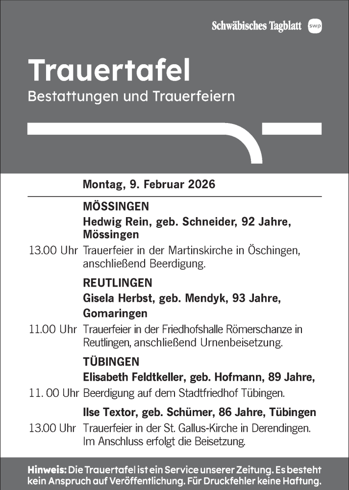  Traueranzeige für Bestattungen vom 09.02.2026 vom 09.02.2026 aus Schwäbische Tagblatt