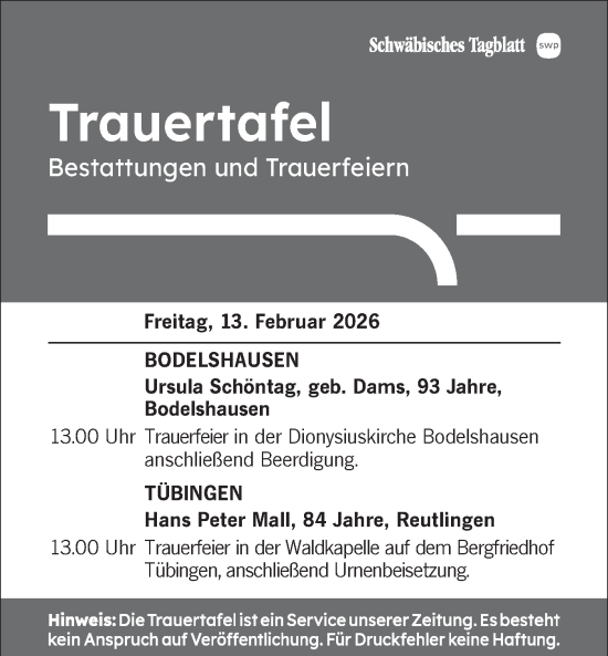 Traueranzeige von Bestattungen vom 13.02.2026 von Schwäbische Tagblatt