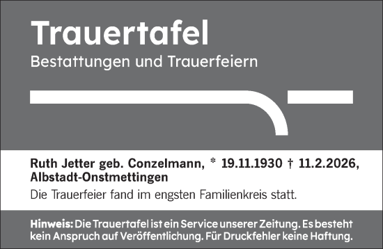 Traueranzeige von Bestattungen vom 25.02.2026 von SÜDWEST PRESSE Zollernalbkreis