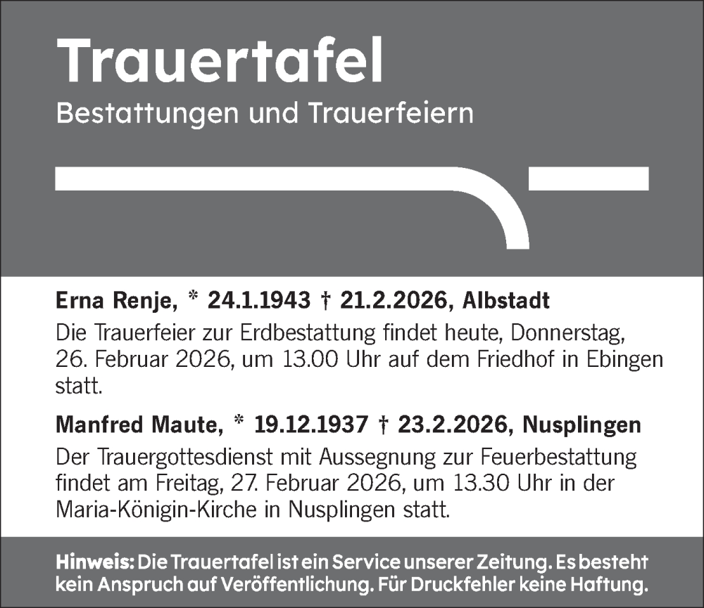  Traueranzeige für Bestattungen vom 26.02.2026 vom 26.02.2026 aus SÜDWEST PRESSE Zollernalbkreis