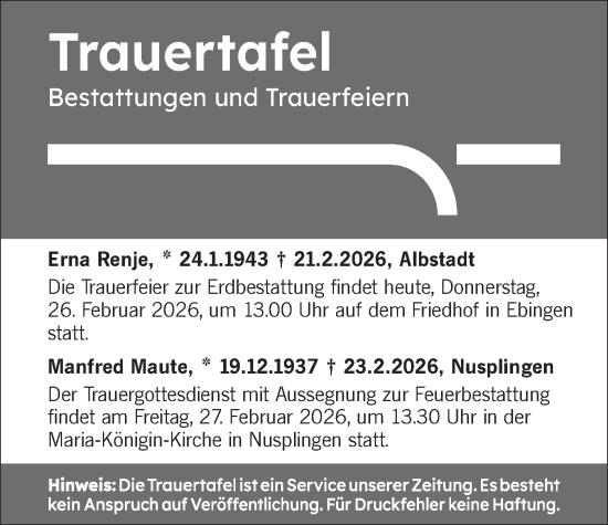 Traueranzeige von Bestattungen vom 26.02.2026 von SÜDWEST PRESSE Zollernalbkreis