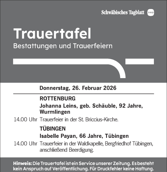 Traueranzeige von Bestattungen vom 26.02.2026 von Schwäbische Tagblatt