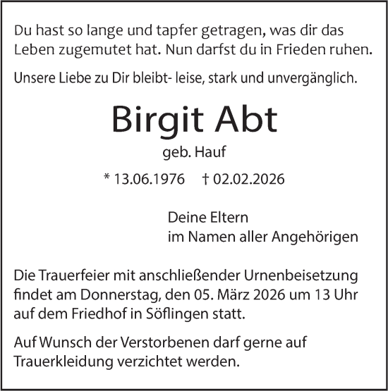Traueranzeige von Birgit Abt von SÜDWEST PRESSE Ausgabe Ulm/Neu-Ulm/Ehingen