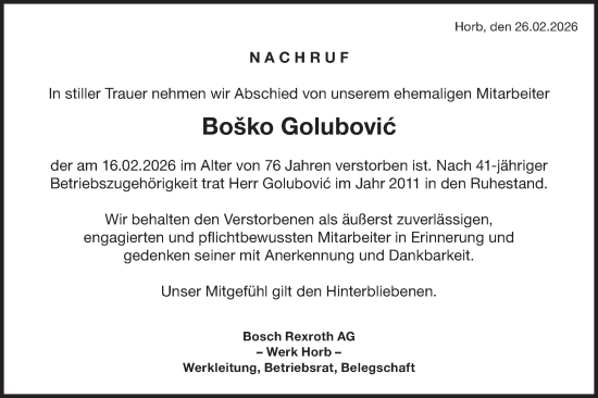 Traueranzeige von Boško Golubovic von Neckar-Chronik