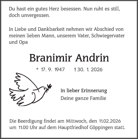 Traueranzeige von Branimir Andrin von NWZ Neue Württembergische Zeitung