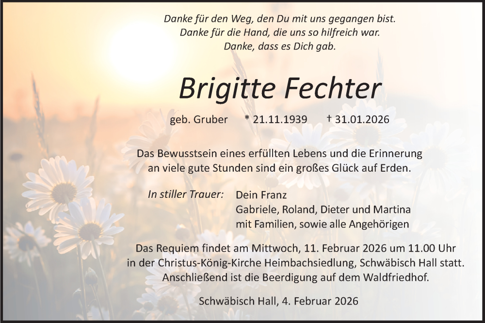  Traueranzeige für Brigitte Fechter vom 04.02.2026 aus Haller Tagblatt